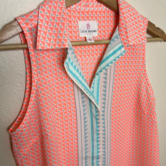 Julie Brown Orange Teal Geo Print Sleeveless Button Up 2 - Picture 3 of 12